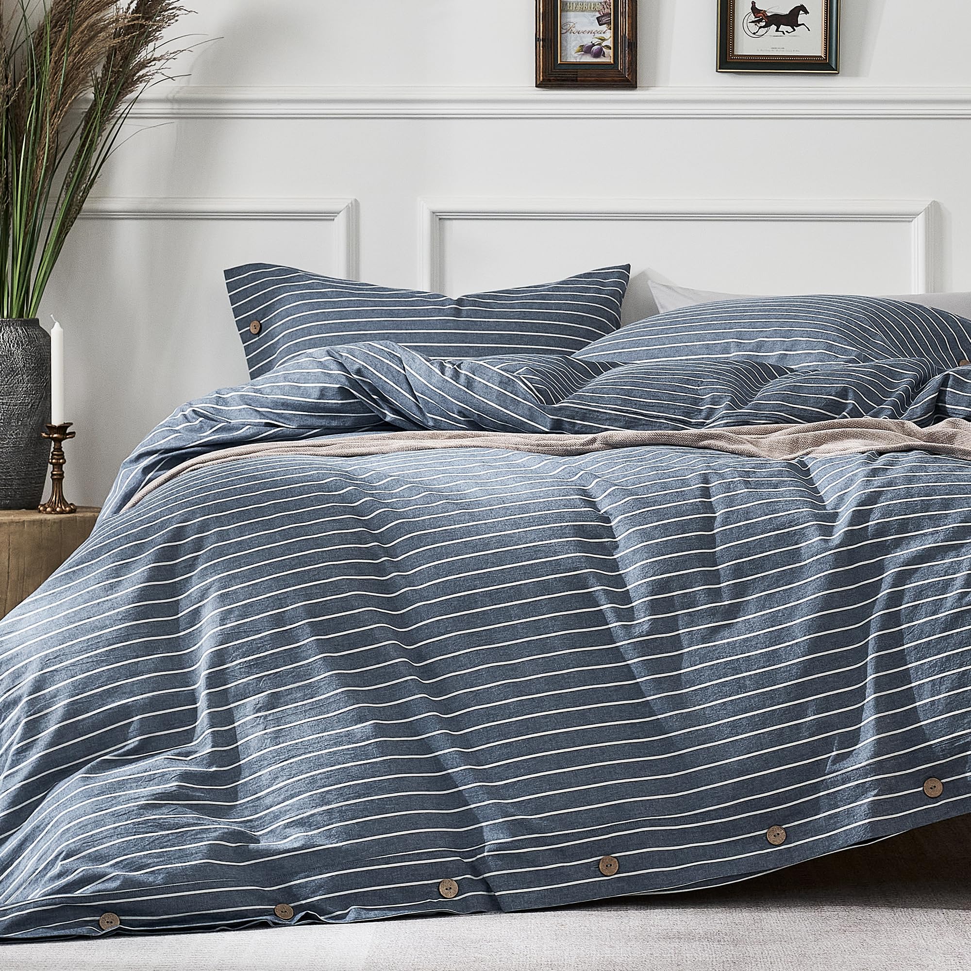 JELLYMONI 100% Washed Cotton Striped Duvet Cover Set Queen, Linen-Like | 100% Wa