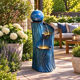 Ultym 32"H Ceramic Outdoor Water Fountain, Art Sphere Dynamic Wave-Texture | Turquoise Wave-Texture Fountains for Outside, 3-Tier Soothing Cascading Waterfalls for Relaxing Garden Patio Yard Porch Decor