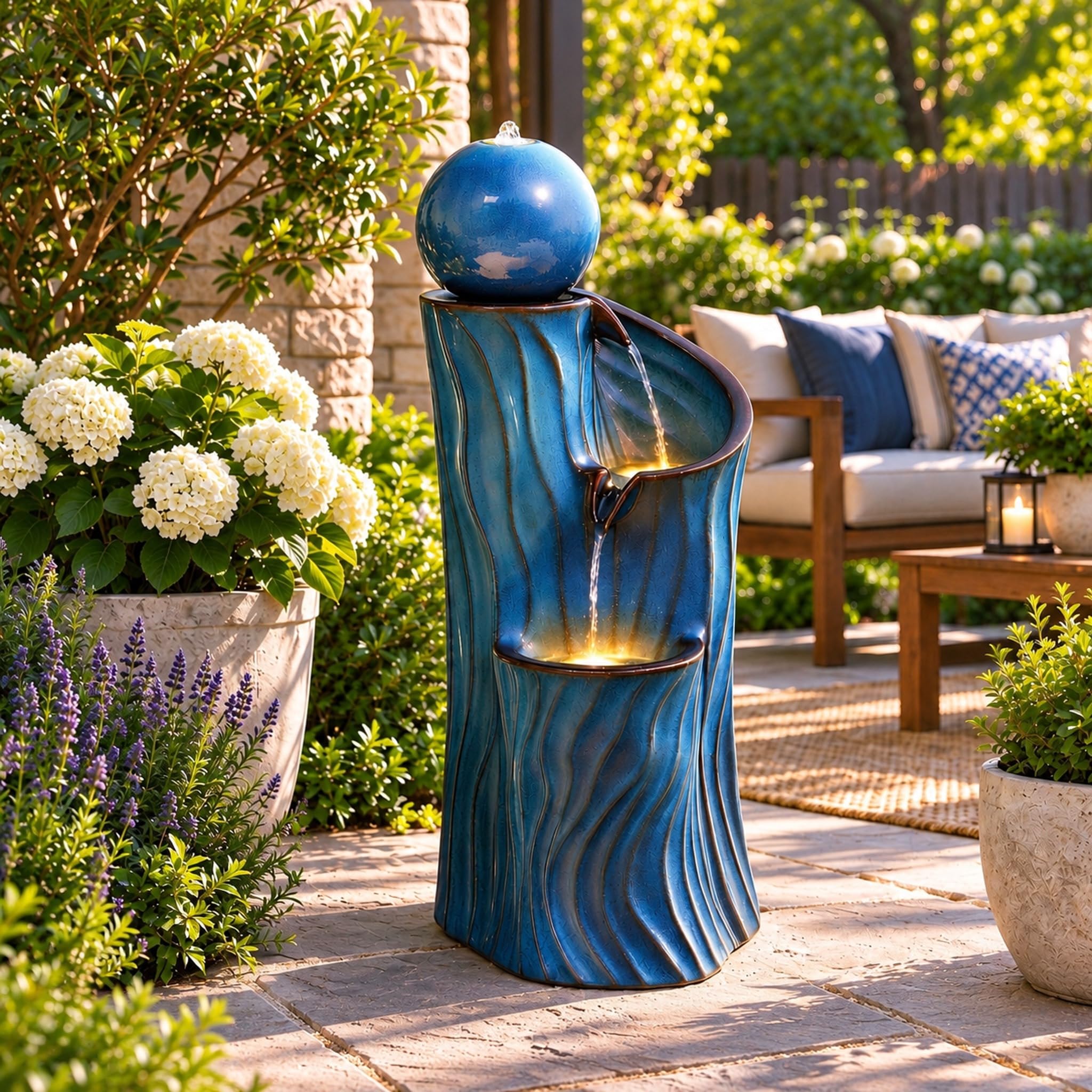 Ultym 32"H Ceramic Outdoor Water Fountain, Art Sphere Dynamic Wave-Texture | Tur