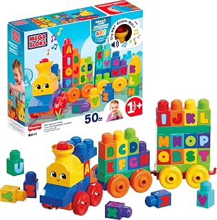 MEGA BLOKS First Builders ABC Musical Train Toddler Building Blocks Toy | 50 Pieces Featuring ABC Blocks, Music and Sounds, Rolling Wheelbases, Preschool Kids Ages 1+ Years, Easy to Build