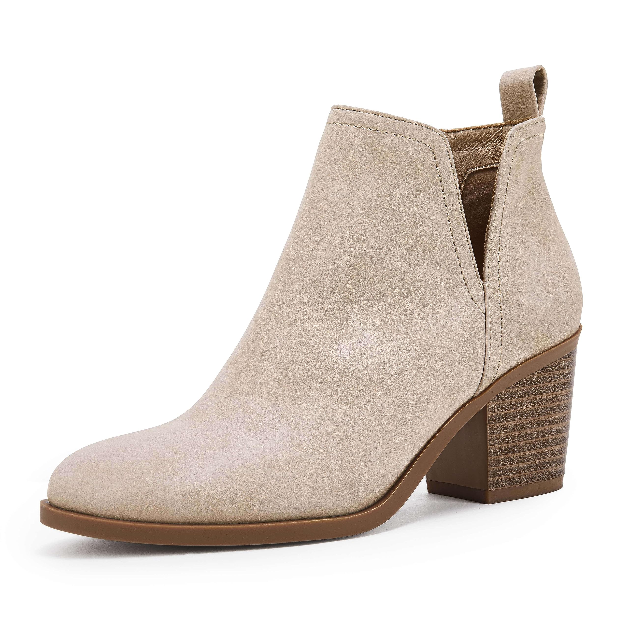 Coutgo - Botas de tobillo para mujer, punta redonda con tacón apilado, corte cas