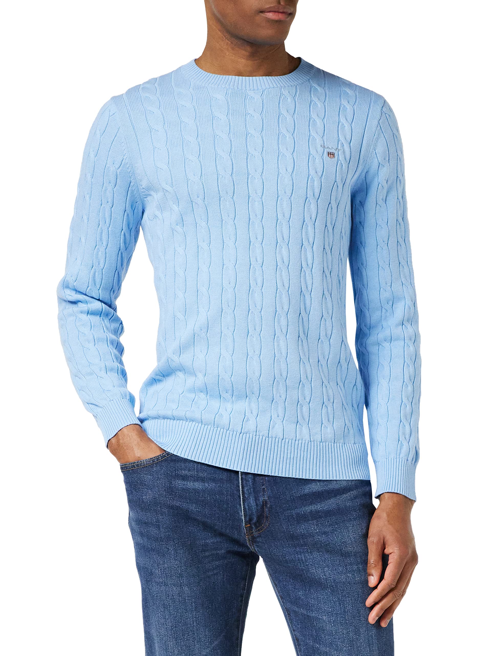 GANT Cotton Cable C Neck Sweater for Men, Lake Blue Melange, M