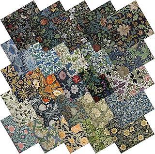 25 Pcs William Morris Cotton Fabric Squares, 10 x 10 Inch, Floral | Precut quilting cotton, 25 assorted vintage floral patterns, for quilting, patchwork, sewing and DIY crafts