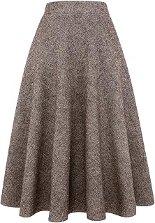 IDEALSANXUN Womens Plaid Wool Skirts Elastic Waist A-Line Pleated Tartan Long Skirts