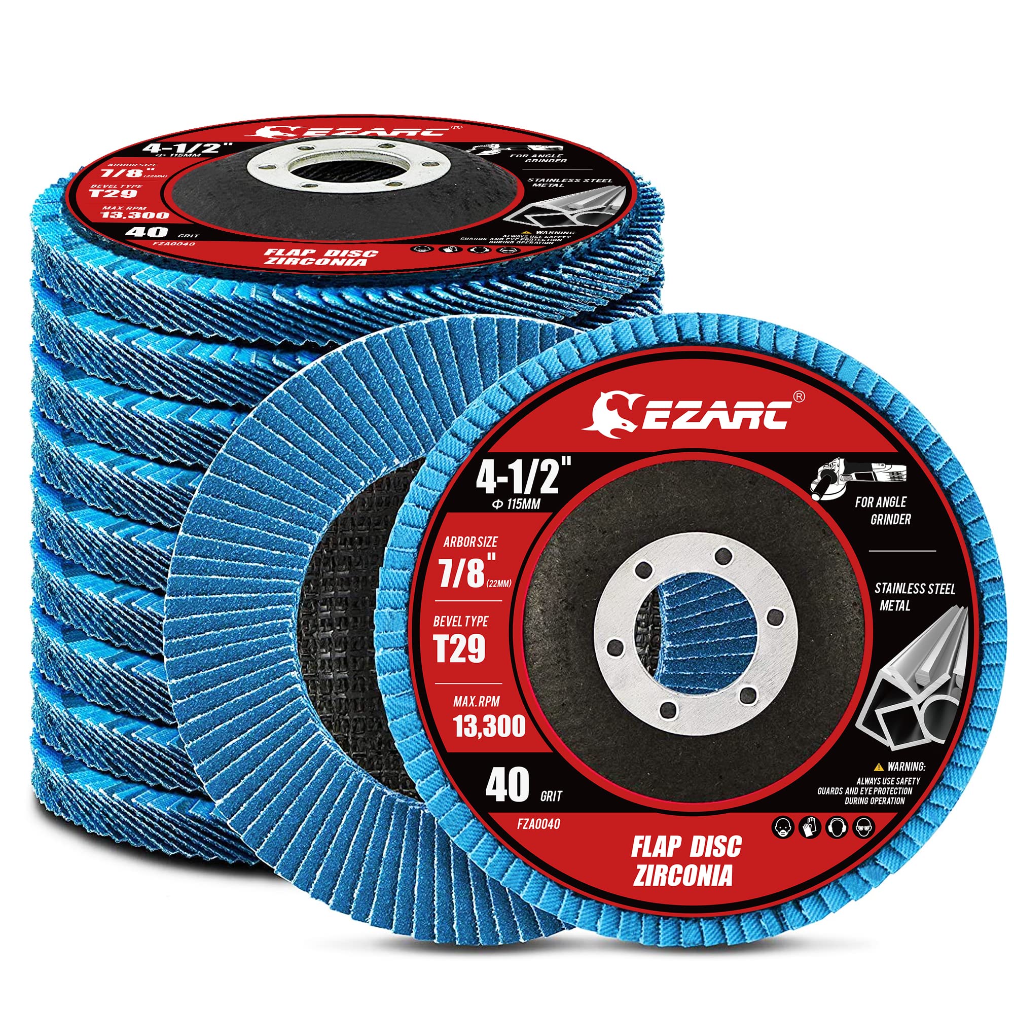 EZARC Zirconia Flap Discs 40 Grit, 4-1/2 x 7/8-Inch, Type 29, 10-Pack | 40 Grit,