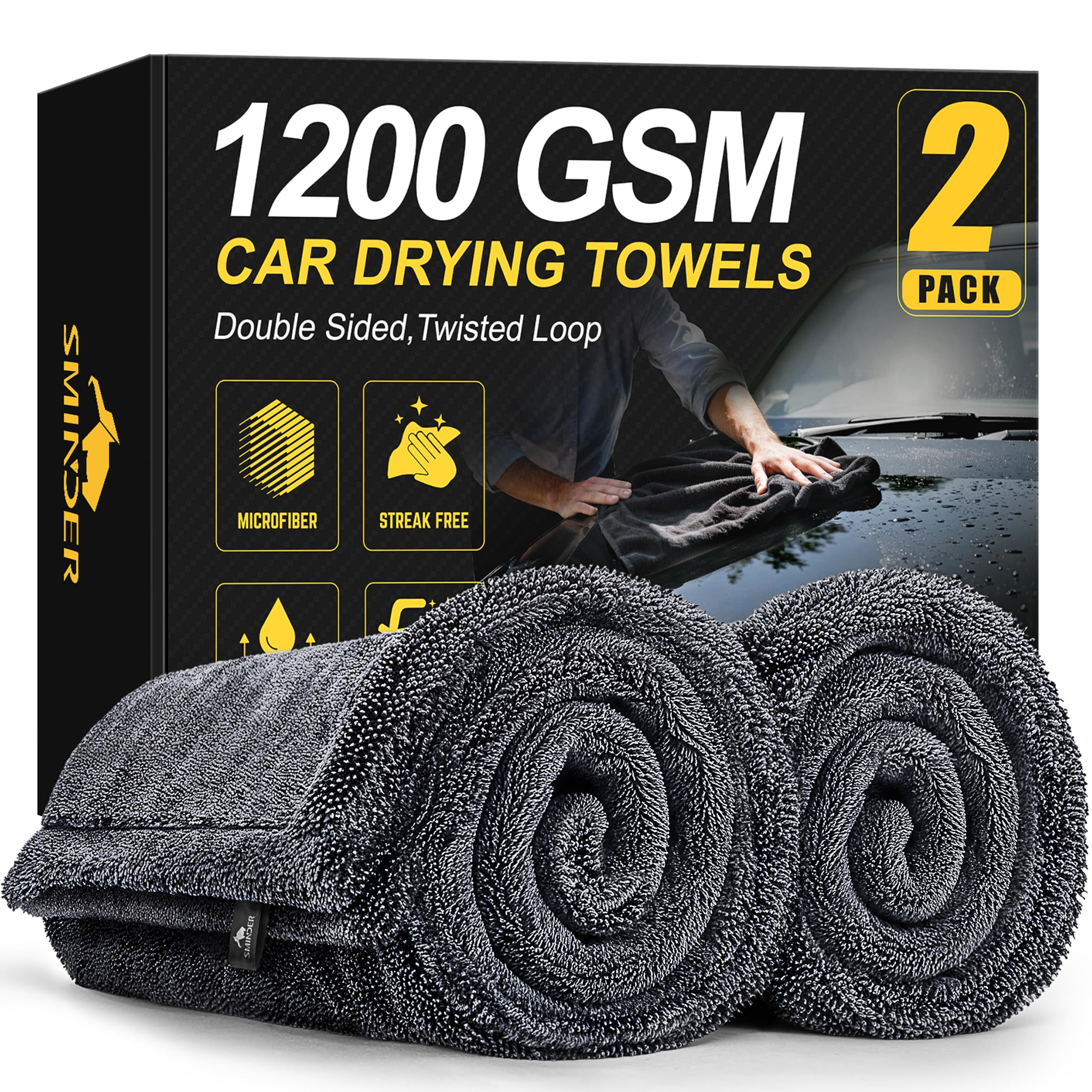 SMINDER 2-Pack 1200 GSM Car Drying Towels – Microfiber Towels for Cars (36" x 24