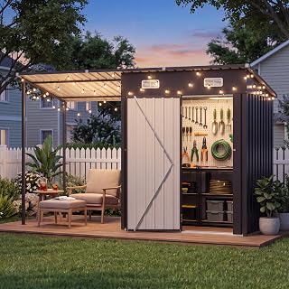 Aoxun 5×3ft Metal Storage Shed with Canopy,10x3ft Outdoor Garden Tool House | Weatherproof, Anti-Rust, Lockable Double Door, Dual Air Vents, 6in Snow Load, Wind Resistant, Multi-Use Bike & BBQ Storage