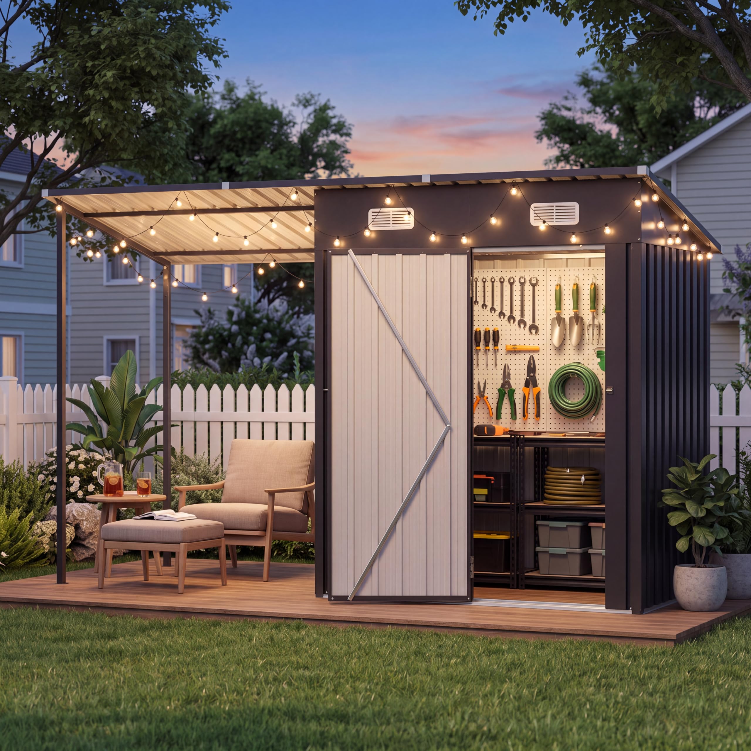 Aoxun 5×3ft Metal Storage Shed with Canopy,10x3ft Outdoor Garden Tool House | We