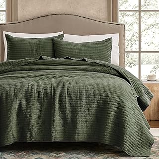 WDCOZY 100% Cotton Queen Size Quilt Set, Channel Pick Stitch, Olive Green | Striped Soft Lightweight Bedspread, Linen-Like, Farmhouse Rustic Coverlet, Thin Bedding Comforter, 3 Pieces, 90x96 inches