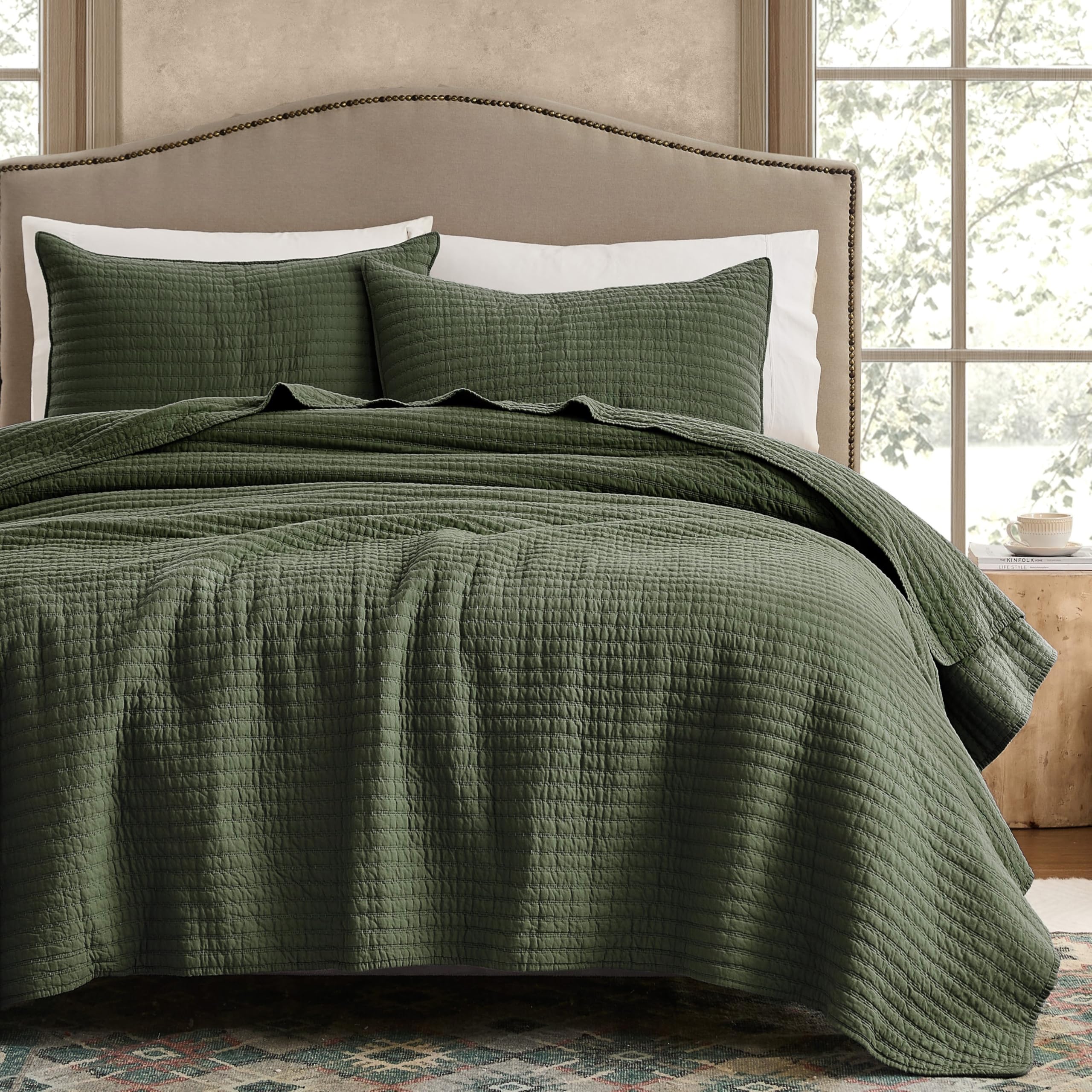 WDCOZY 100% Cotton Queen Size Quilt Set, Channel Pick Stitch, Olive Green | Stri