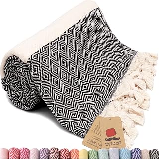 Bazaar Anatolia Turkish Beach Towel, 100% Cotton, 71x39 in, Diamond Black | Lightweight, quick dry; for beach, pool, travel, camping, sauna and yoga