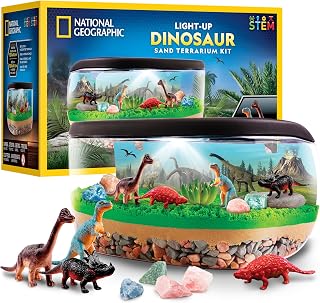 National Geographic Light-Up Dinosaur Terrarium Science Kit for Kids | Multicolor Light, Play Sand, Real Gemstones and Dino Figures, Prehistoric Habitat, DIY Science Activity, Birthday Gift