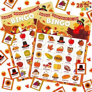 JOYIN 28 Players Thanksgiving Bingo Cards (5x5) for Kids Family Activities, Party Card Games, School Classroom Games, Turkey Party Favors Supplies