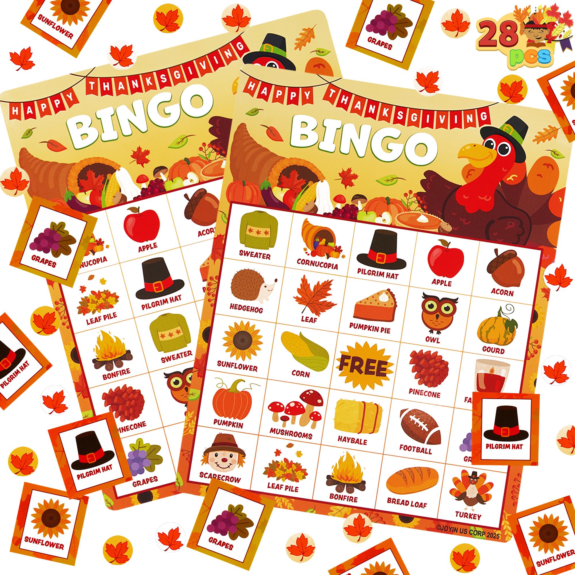 JOYIN 28 Players Thanksgiving Bingo Cards (5x5) for Kids Family Activities, Part
