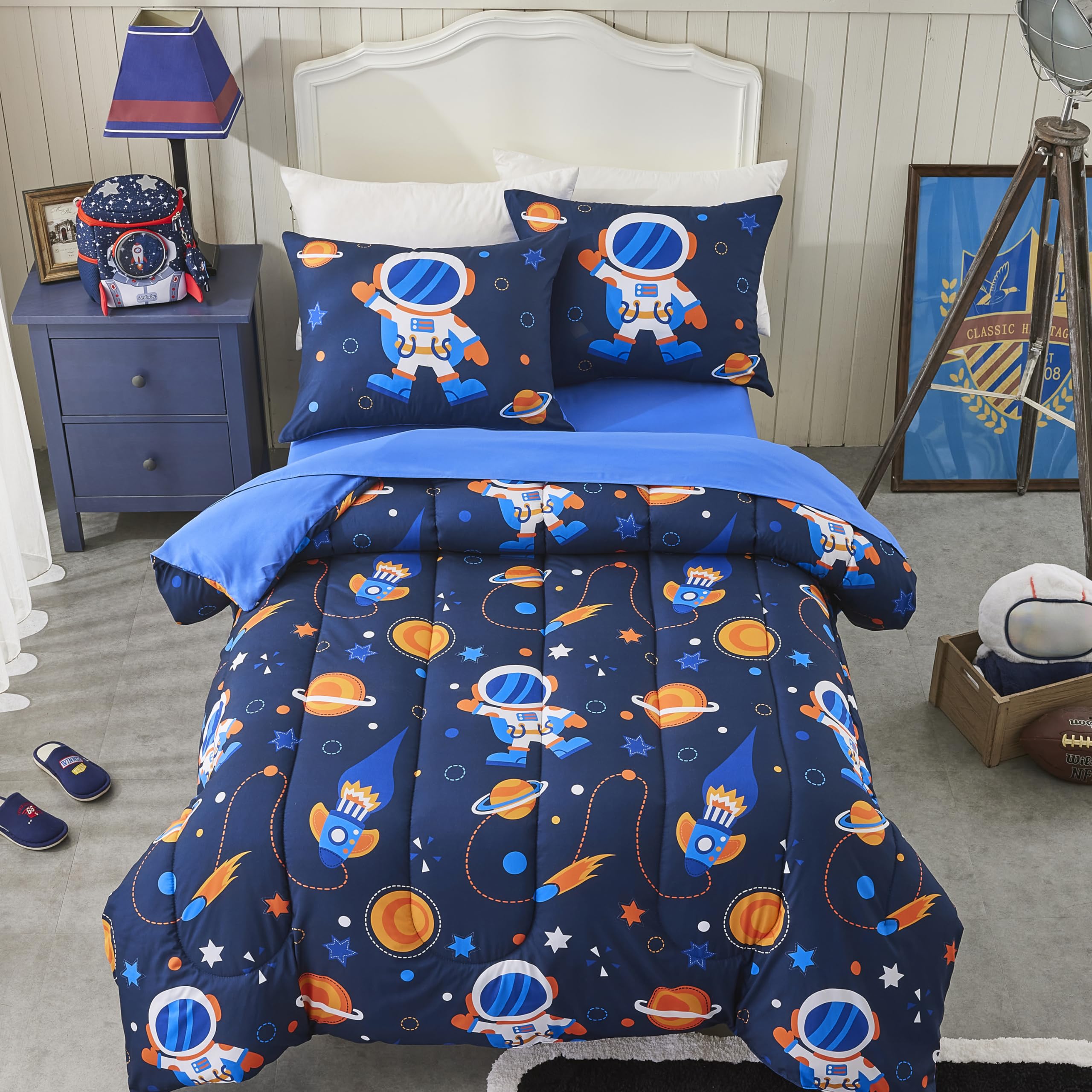 Space Rocket Teen Bedding Set, Twin XL Comforter and Sheet Set with Shams
