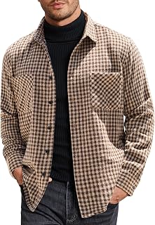 Men's Flannel Shirts Long Sleeve Plaid Shirt Jacket Casual Button Down Fleece Shacket with Pockets