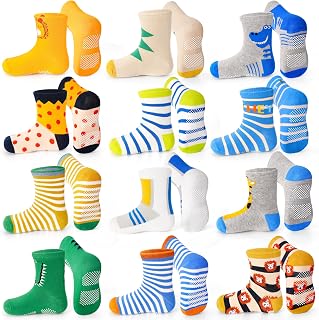 ELUTONG Toddler Non Slip Socks, 12 Pairs Boys and Girls Cotton Crew Socks with Anti Skid Grip for 1-7 Years
