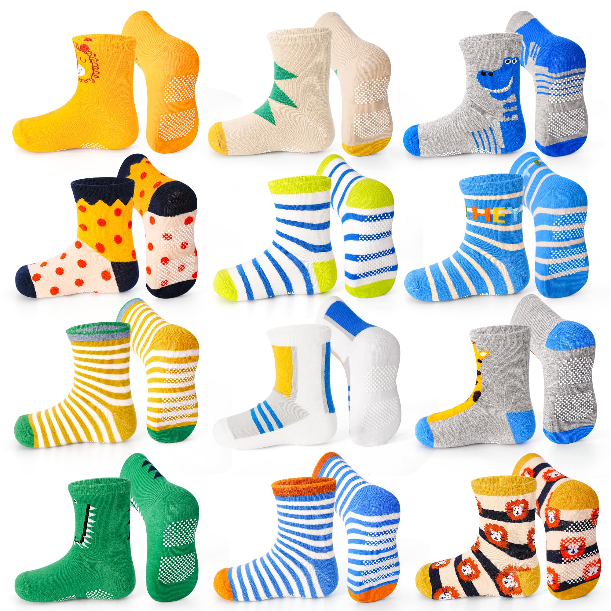 ELUTONG Toddler Non Slip Socks, 12 Pairs Boys and Girls Cotton Crew Socks with A
