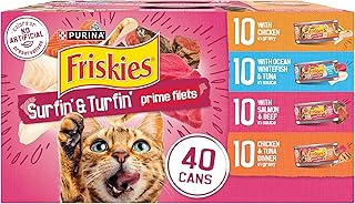 Purina Friskies Prime Filets Cat Food Variety Pack, 40 Pack 5.5 oz Cans | Surfin' and Turfin' wet cat food favorites in a savory gravy, made with real meat, poultry and seafood