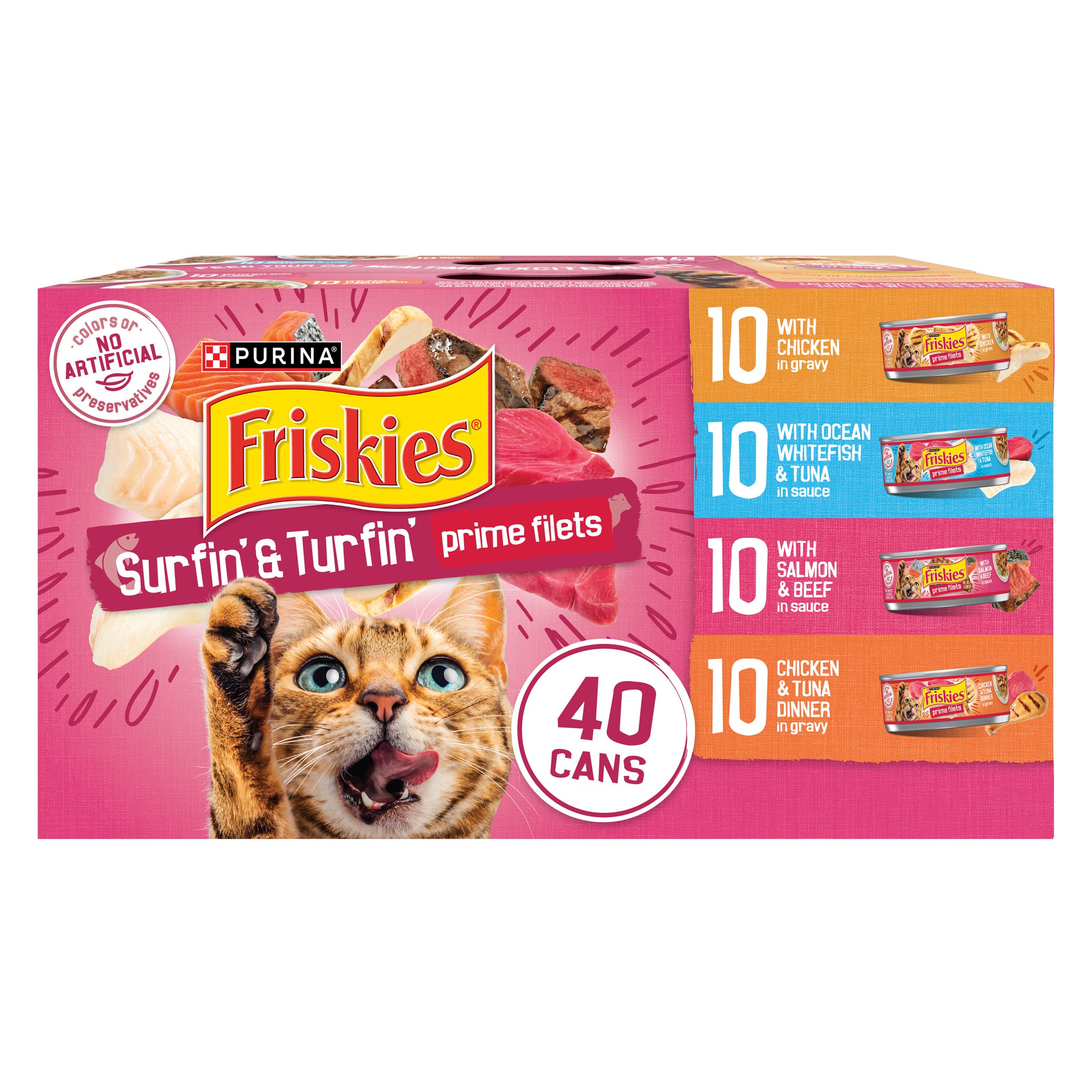 Purina Friskies Prime Filets Cat Food Variety Pack, 40 Pack 5.5 oz Cans | Surfin