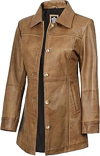 Blingsoul Mid-Length Leather Car Coat Women - Vintage Long Leather Jacket for Women, Real Lambskin Coat with Spread Collar