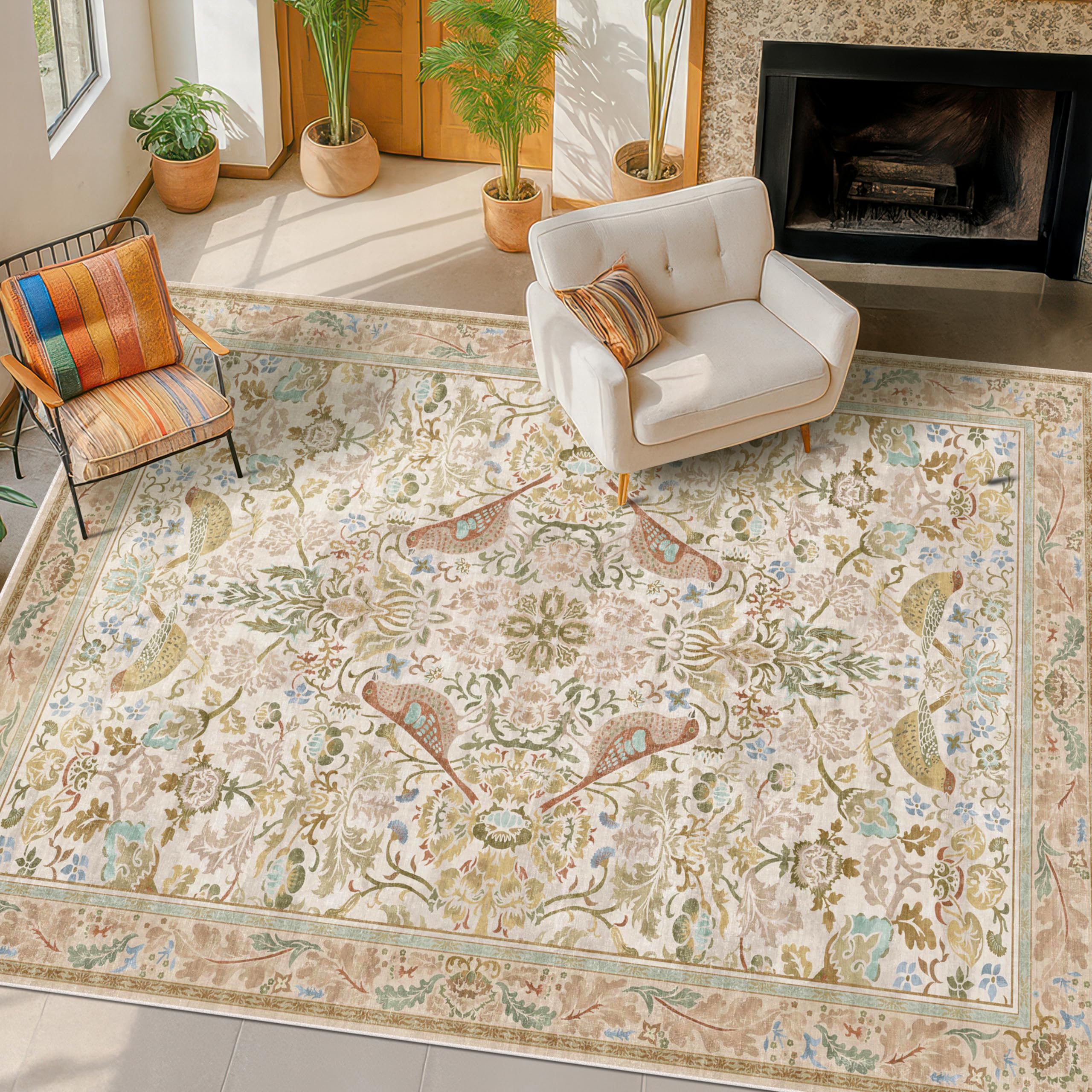 Hazo Haus Washable Area Rugs 5x7 for Living Room - Boho Cottagecore Earthy Rugs 