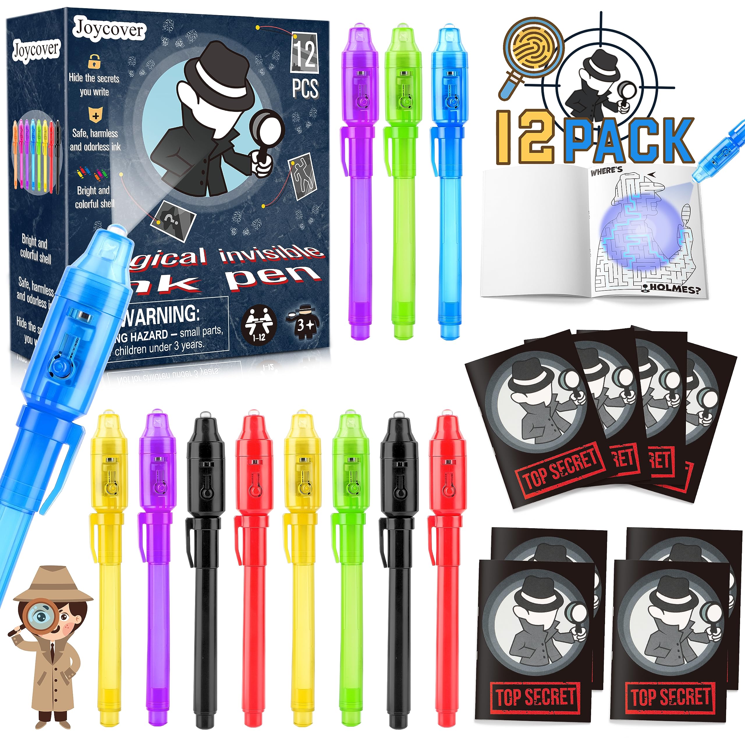 Joycover Invisible Ink Pen with UV Light for Kids, 12 Pack Spy Pen and Notebook,