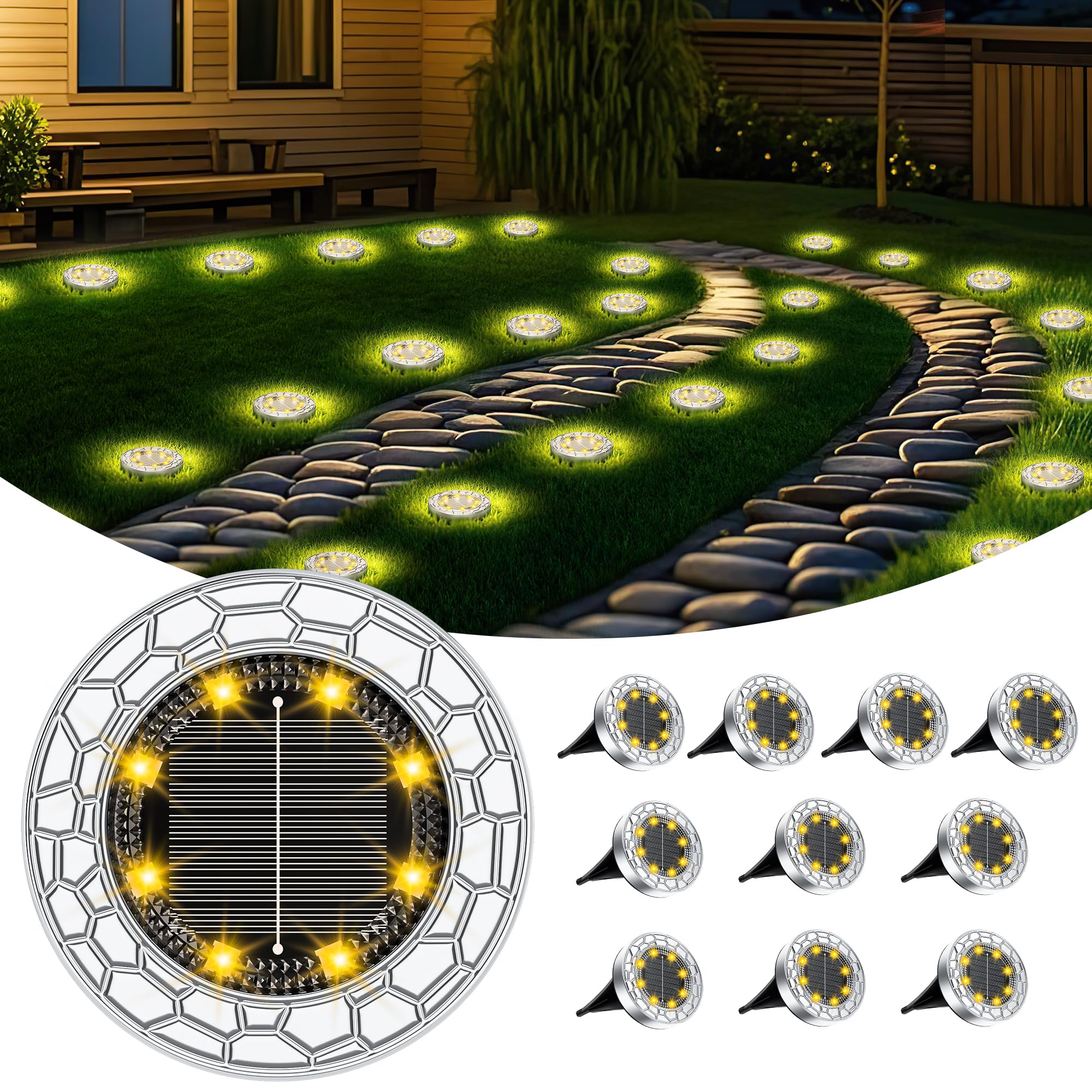 FIFlying 10 x Solar Garden Lights, 8 LED Solar Floor Lamps | Stainless Steel War