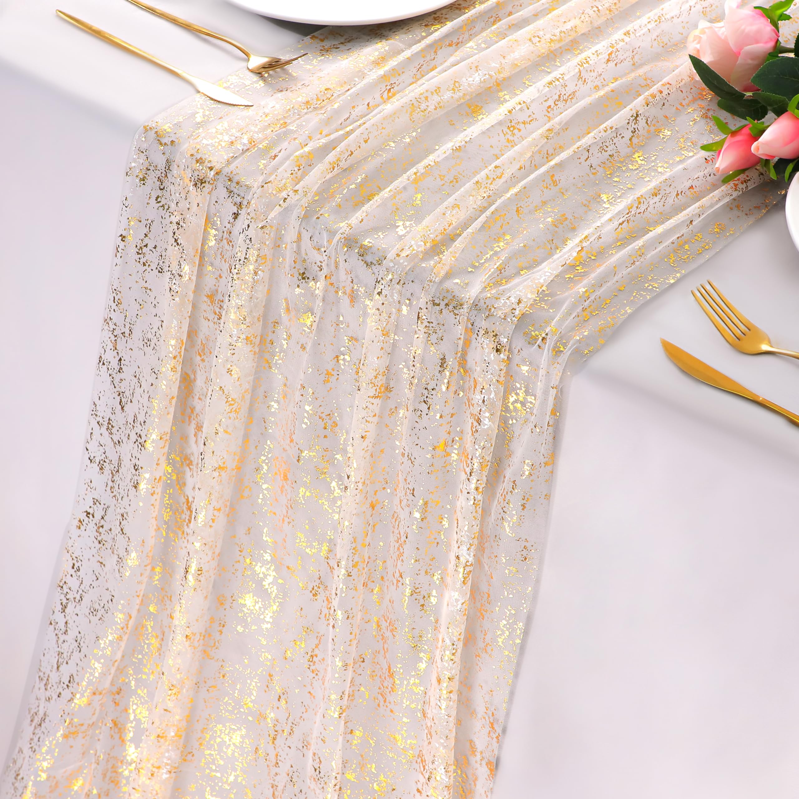 Snowkingdom 10 Ft Gold Table Runner, Glitter Sheer Gauze Chiffon Tulle Cheeseclo