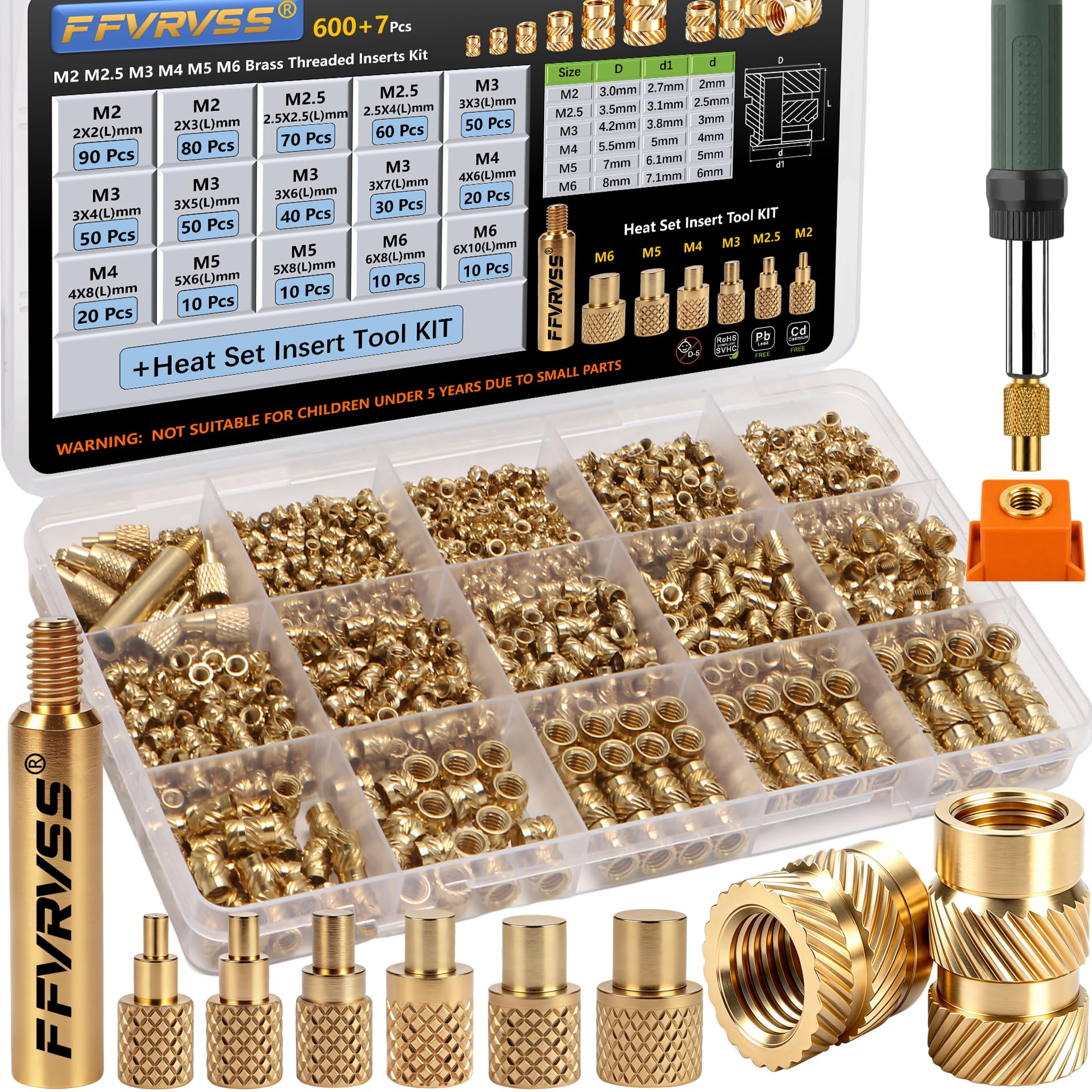 FFVRVSS 600+7Pcs Brass Threaded Inserts M2 M2.5 M3 M4 M5 M6 for 3D Printing | He
