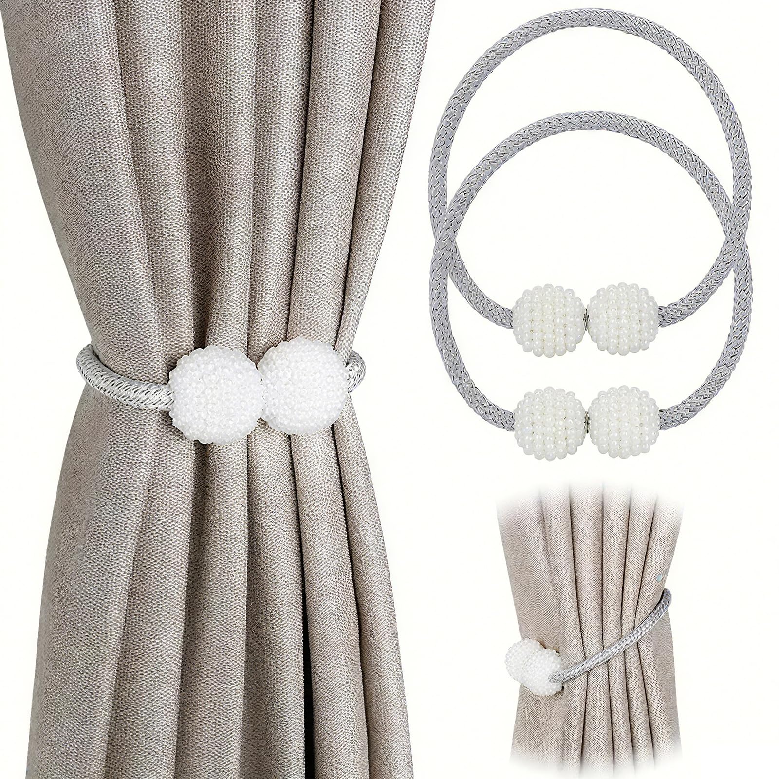 2 Pack Silver Magnetic Curtain Holdbacks Heavy Duty No Drill for Curtains and Ve