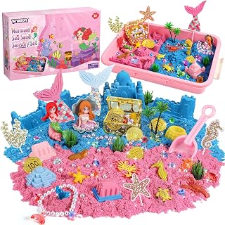KNASON Mermaid Sensory Bin, Play Sand Sandbox Kit for Kids Ages 3 4 5 6 7 | Mermaid Toys, 1 KG Sensory Play Colored Sand, Sandbox with Lid, Treasure Chest with Gems, Gift for Kids Ages 3 4 5 6 7 8