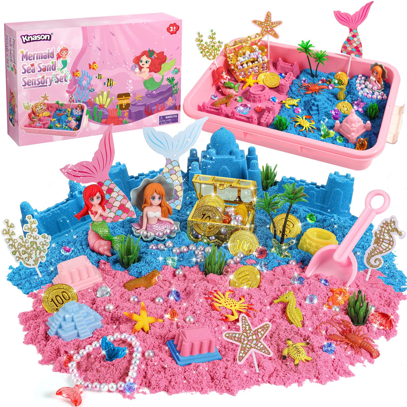 KNASON Mermaid Sensory Bin, Play Sand Sandbox Kit for Kids Ages 3 4 5 6 7 | Merm