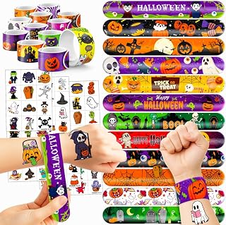 144PCS Halloween Party Favors Decorations, Tattoos & Slap Bracelets | set Trick or Treat Goodie Bag Fillers, Classroom, Carnival Game Prizes Rewards, Pinata Stuffers & Halloween Party Supplies
