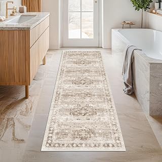 Hazo Haus Boho Long Rug 24x72 Washable Non-Slip Soft Stain Resistant Kitchen Laundry Hallway Decor Neutral Floral Design (2x6 Inches