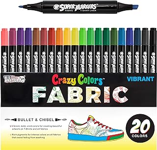 U.S. Art Supply Super Markers 20 Vibrant Dual Tip Fabric Markers | Fine &amp; Chisel Point Pens Fabric Marker Permanent for Clothes, T-Shirts - Permanent Ink Eye-Catching Vibrant &amp; Bold Colors