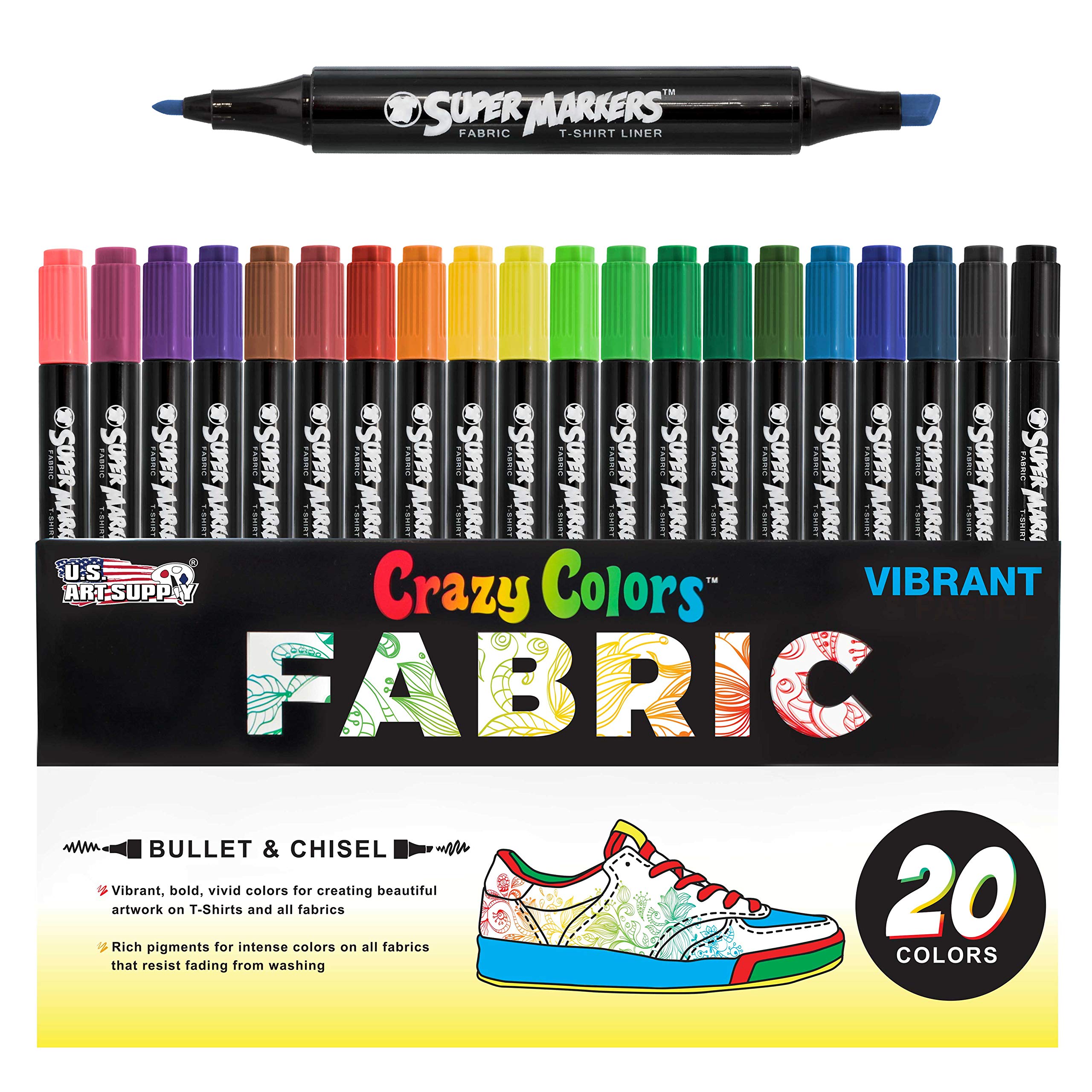 U.S. Art Supply Super Markers 20 Vibrant Dual Tip Fabric Markers | Fine &amp; Ch