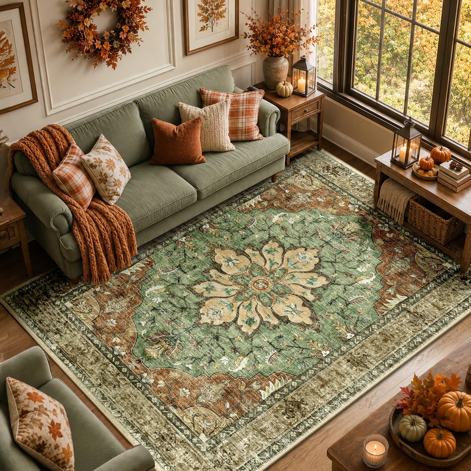 RELEANY Washable Area Rug, 8'x10', Brick/Brown/Green | Non-Slip, Water Repellent