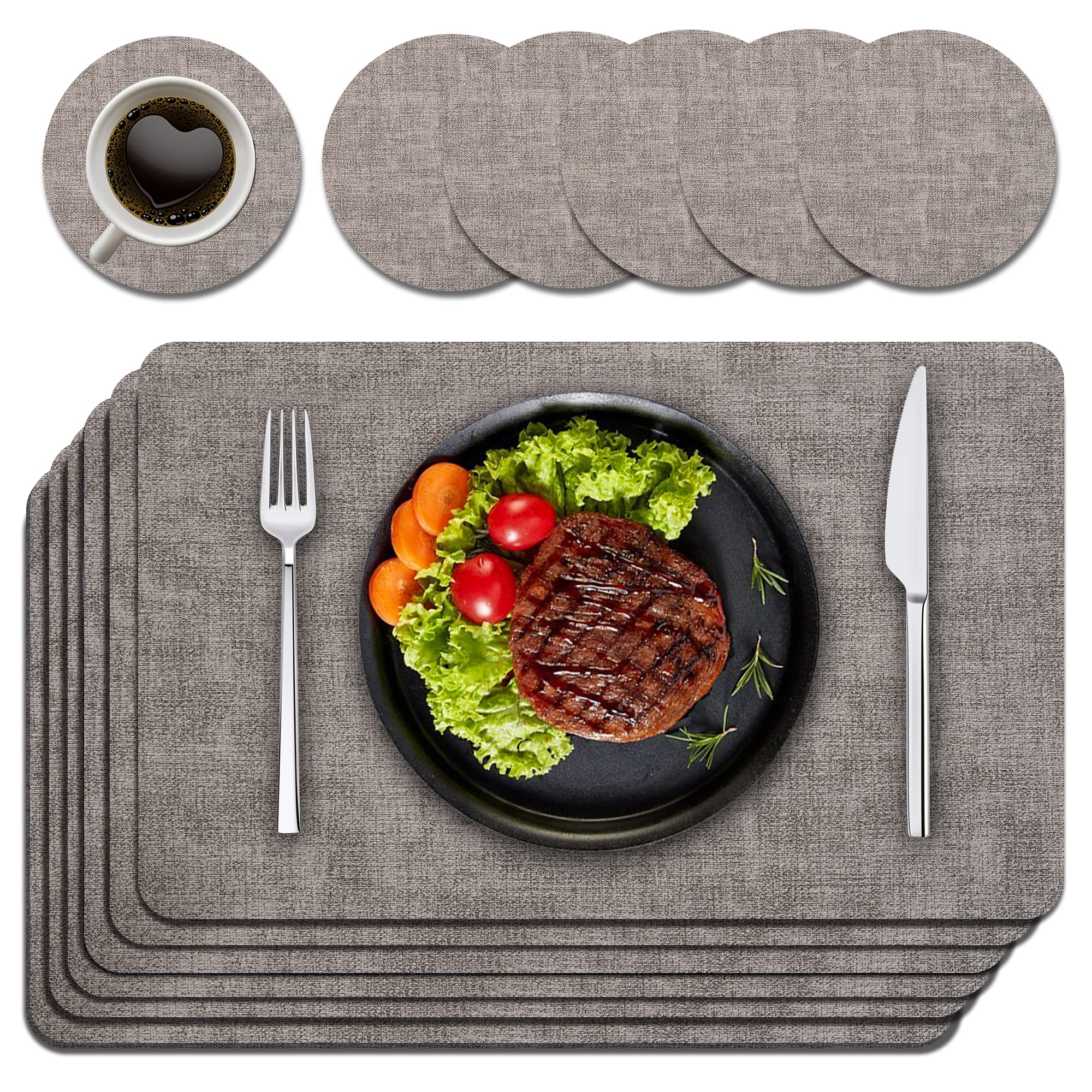 Purejoy Placemats and Coaster Sets 6, Christmas Table Mats PU Leather Heat-Resis
