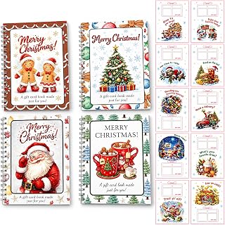 DOTH Christmas Gift Card Book, 4 Pack, Spiral Bound for Holiday Gift Giving | 4 spiral-bound Christmas gift card books in 4 designs; each has 10 interior sheets plus front and back covers.
