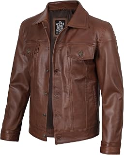 fjackets Real Lambskin Vintage Trucker Leather Jacket Men - Shirt Collar Style Leather Jackets For Mens