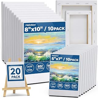 Halobios Professional Stretched Canvas for Painting with 8x10 inch, 5x7 inch (10 of Each), 20 Packs Blank Canvases Art Supplies for Acrylic, Oil, Pouring,100% Cotton, Primed, 5/8 Inch Profile