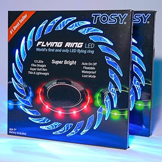 TOSY Flying Ring - 12 Monocolor LEDs, Super Bright, Lost Mode, Auto Light Up, Camping Essentials for Kid/Teen/Boy/Girl, Safe & Soft, Waterproof, Pool/Beach Games, Lightweight Toy, 2-Pack