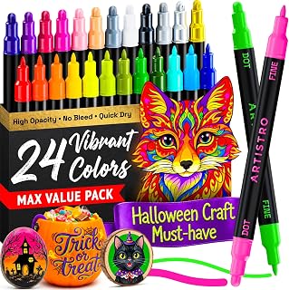ARTISTRO 24 Acrylic Paint Pens Dual-Tip Dot+Fine for Rock, Glass & Fabric | Precision Colour for Colouring Books & Small Details, Water-Based, Quick-Dry & Low-Odour, Art Gift for Kids, Teens & Adults