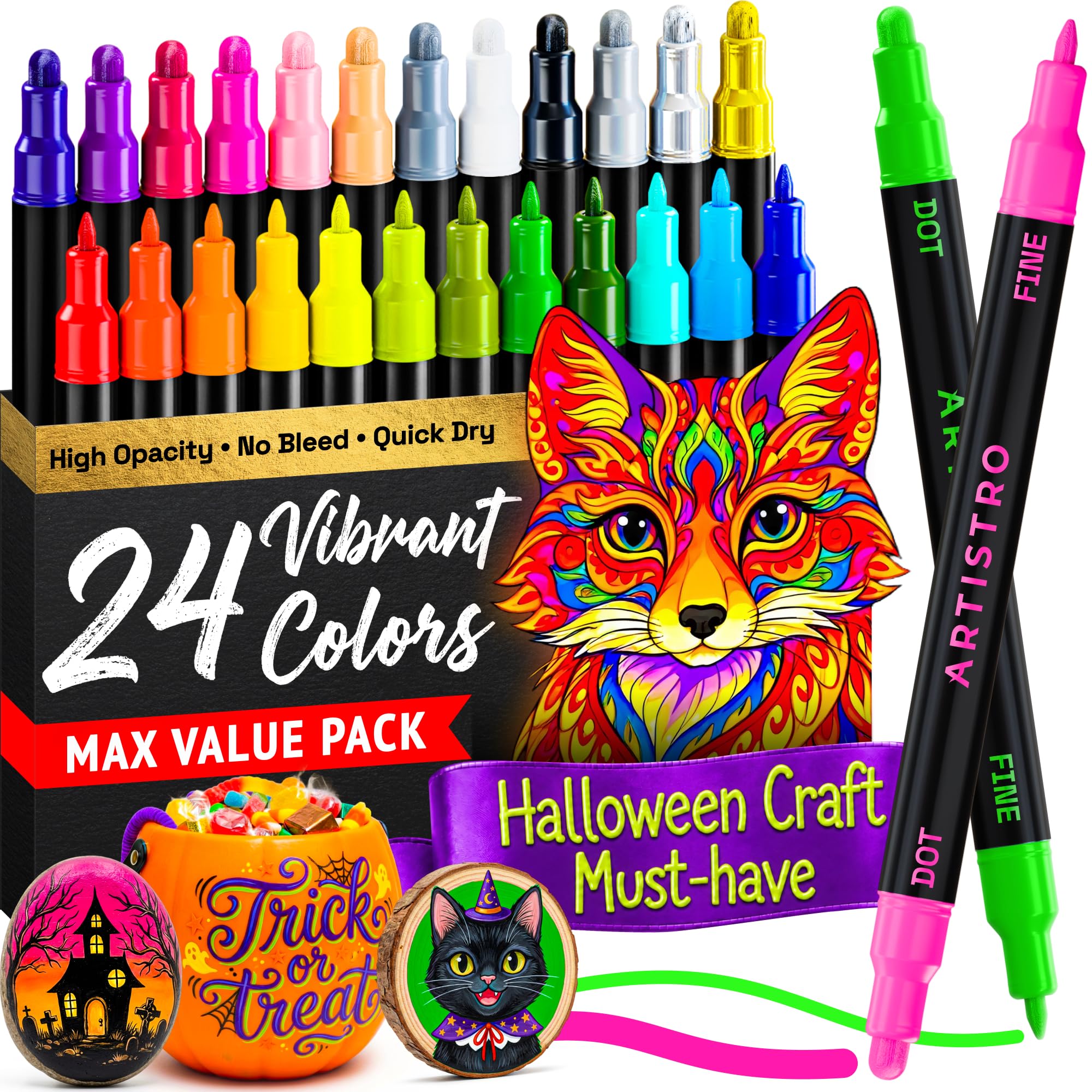 ARTISTRO 24 Acrylic Paint Pens Dual-Tip Dot+Fine for Rock, Glass & Fabric | Prec