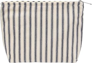 Flat Makeup Bag for Women,Zipper Cosmetic Pouch,Vintage Stripe Navy Blue | Canvas-Lined Makeup Organizer for Purse, Cosmetics, Toiletries, Skincare, Travel Essentials, Brushes, Lipstick and Sunscreen