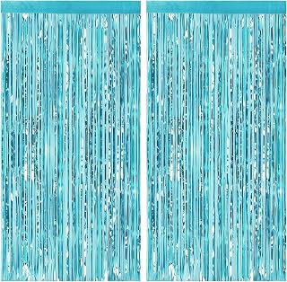 JOYIT 2 Pack Light Blue Tinsel Backdrop - 3.28 ft x 6.56 ft Fringe Backdrop, Glitter Foil Fringe Curtains for Party Decorations, Birthday, Bachelorette, Graduation, Wedding (Light Blue, 2 Pack)