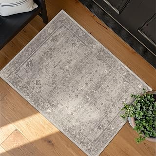 2x3 Washable Entryway Rug, Neutral Stone Greige Throw Rug for Front Door, Low Pile Non-Slip Small Mat for Kitchen Sink, Bathroom, Mudroom & Powder Room, Organic Modern Décor
