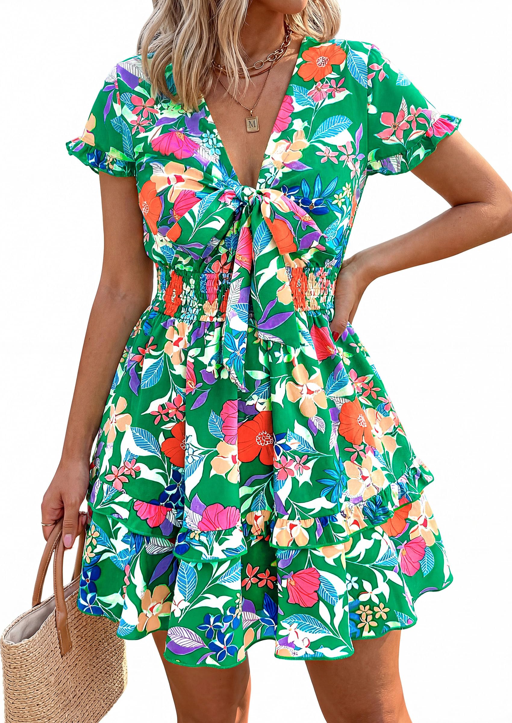 PRETTYGARDEN Summer Floral Dress for Women 2025 Casual Boho Short Sleeve Maxi Dr