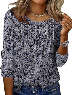 Zeagoo 7分袖 レディース トップス ラウンドネック カジュアル 夏 チュニック トップス ベーシック Tシャツ ブラウス ドレッシーTシャツ プリーツシャツ